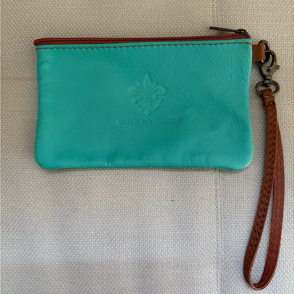 Firenze Made in Italy Teal Blue Green Aqua Leather Wristlet Preowned
